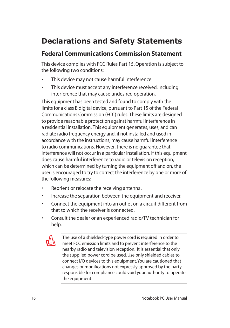 Declarations and safety statements, Federal communications commission statement | Asus X7BJQ User Manual | Page 16 / 28
