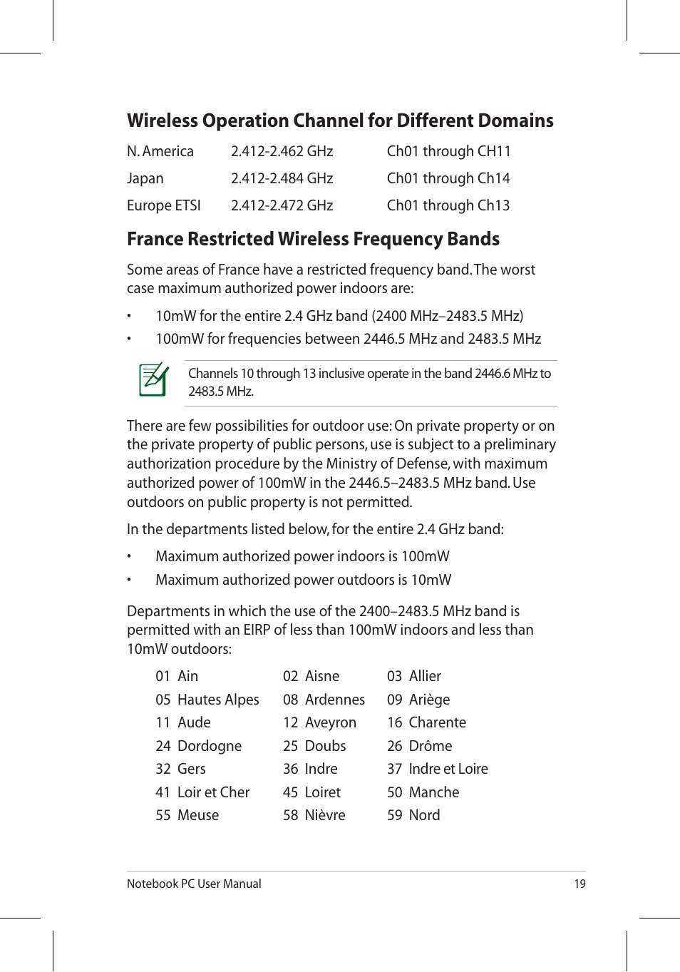 Wireless operation channel for different domains, France restricted wireless frequency bands | Asus X7BJQ User Manual | Page 19 / 28