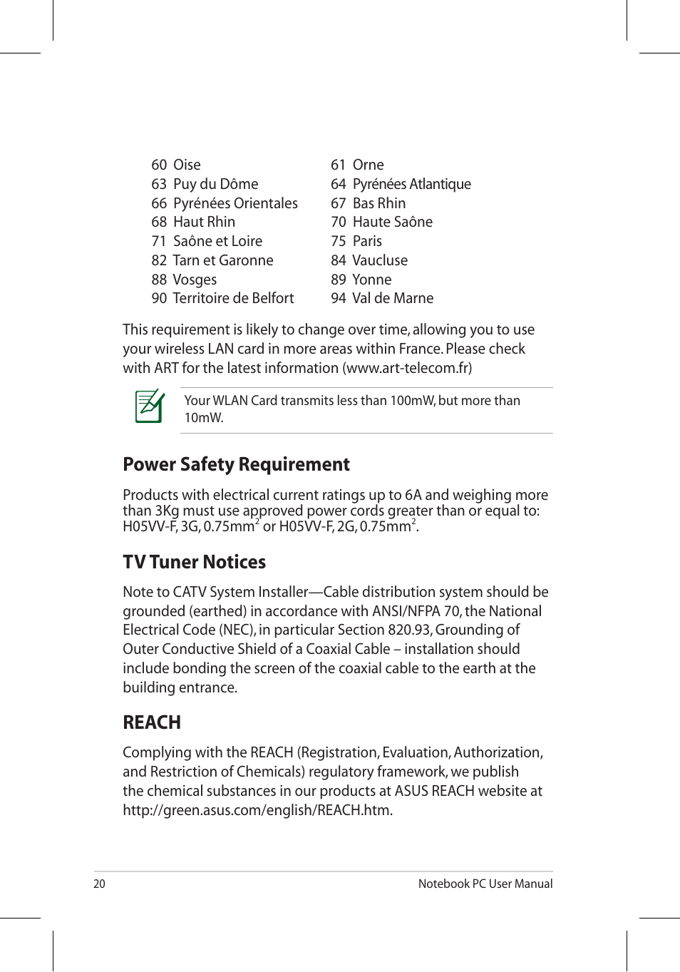 Power safety requirement, Reach, Tv tuner notices | Asus X7BJQ User Manual | Page 20 / 28