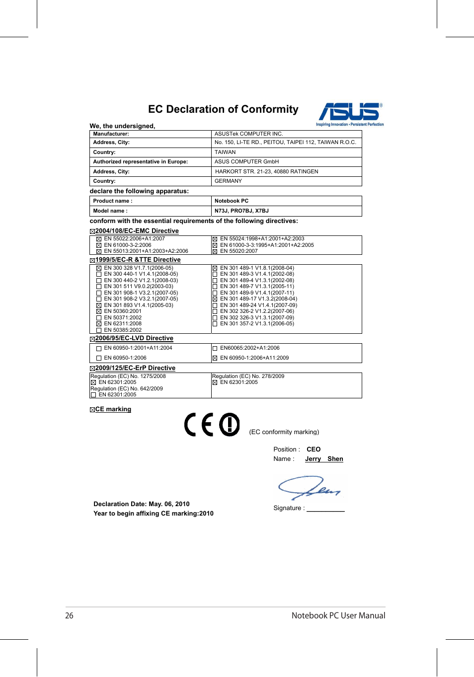 Ec declaration of conformity | Asus X7BJQ User Manual | Page 26 / 28