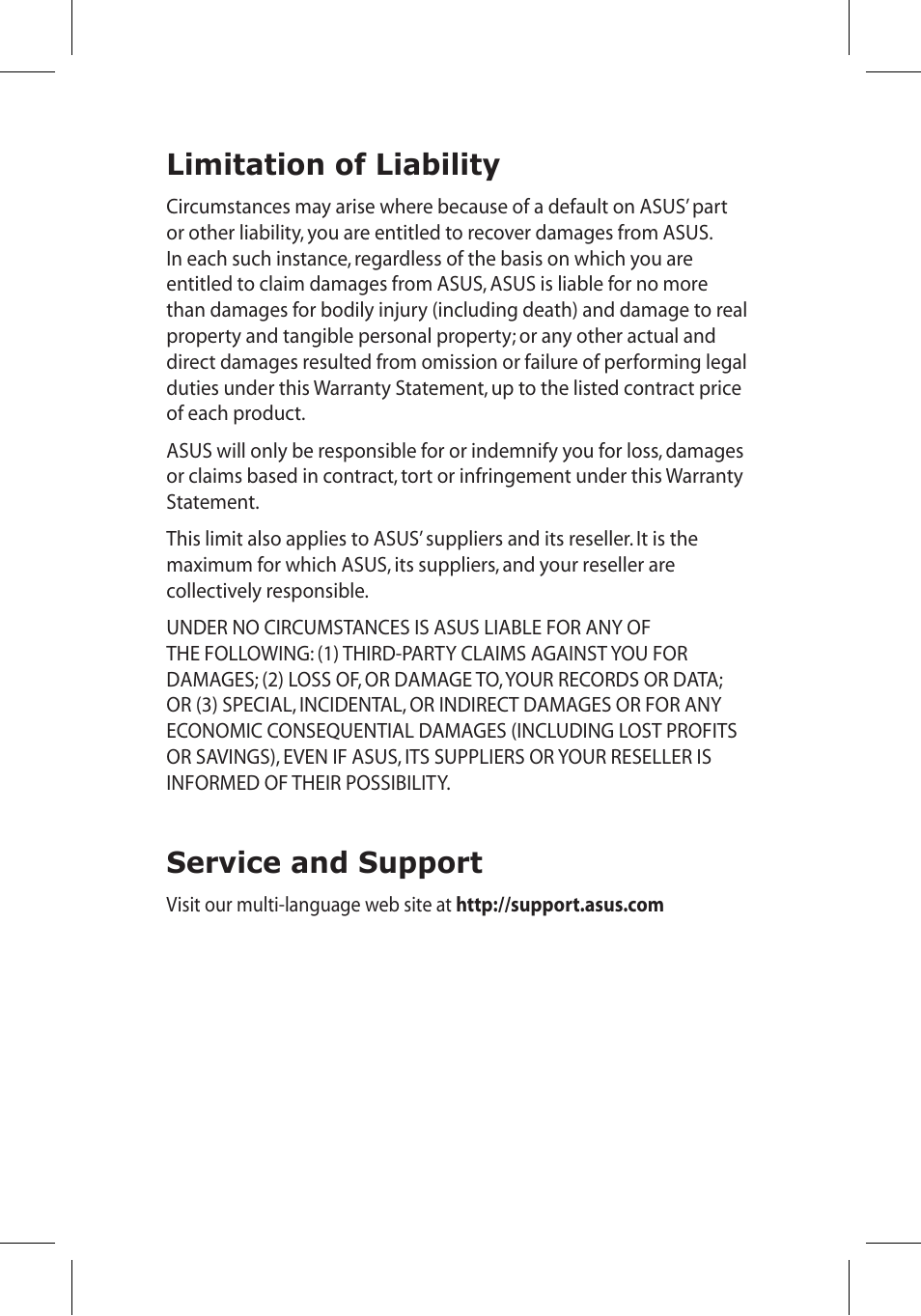 Limitation of liability, Service and support | Asus X7BJQ User Manual | Page 28 / 28
