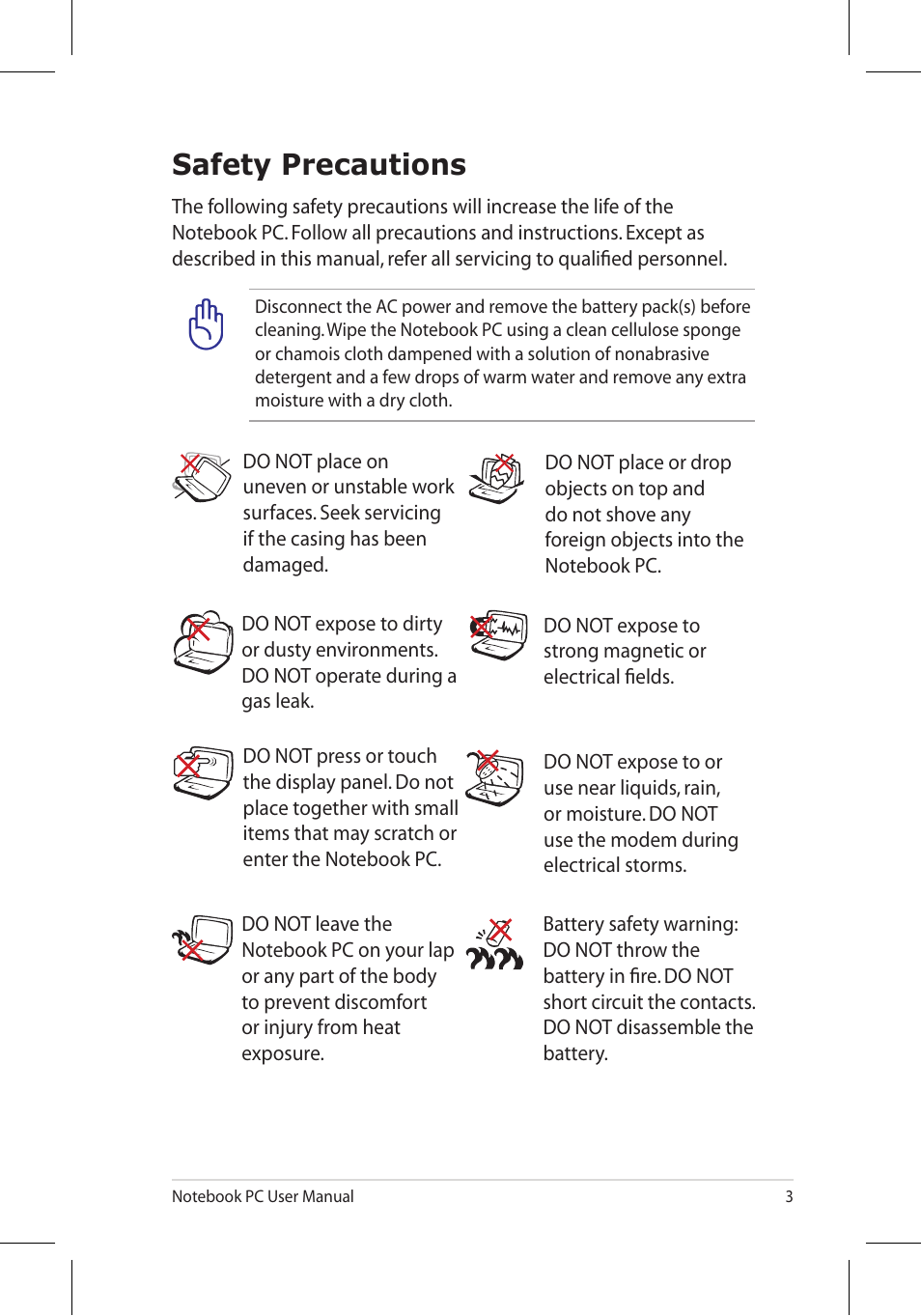 Safety precautions | Asus X7BJQ User Manual | Page 3 / 28