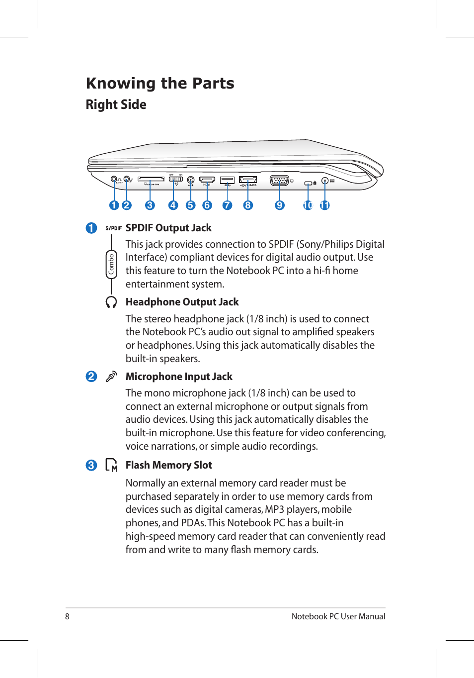 Knowing the parts, Right side | Asus X7BJQ User Manual | Page 8 / 28
