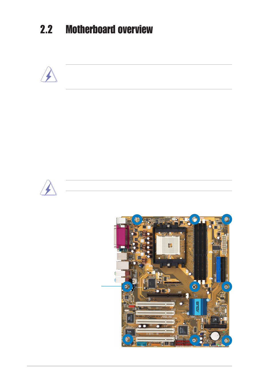 2 motherboard overview, 1 placement direction, 2 screw holes | Asus K8N-E Deluxe User Manual | Page 24 / 128