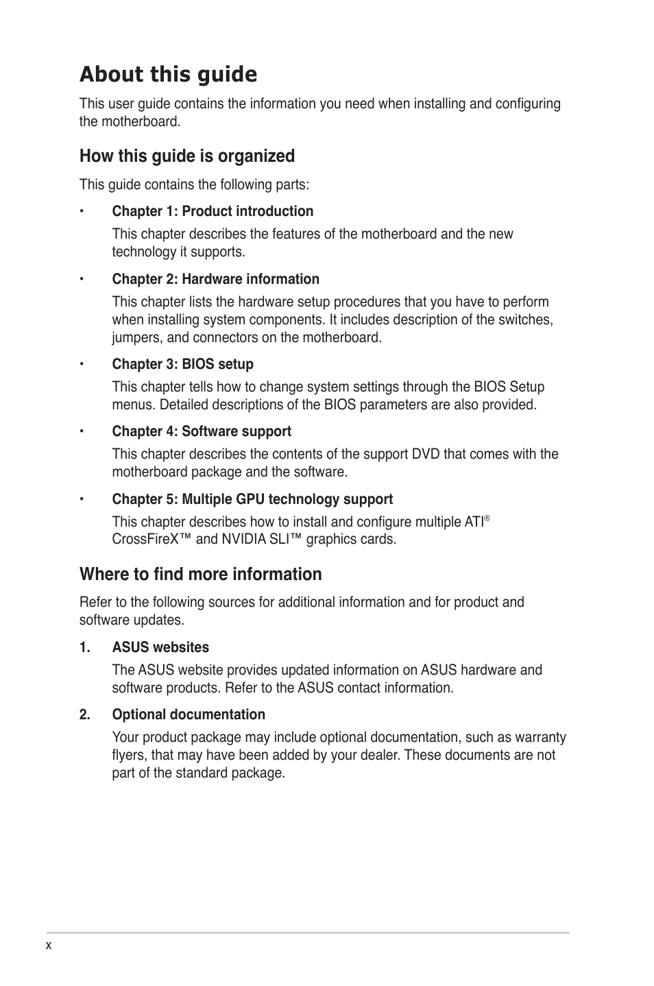 About this guide, How this guide is organized, Where to find more information | Asus P6T Deluxe V2 User Manual | Page 10 / 182