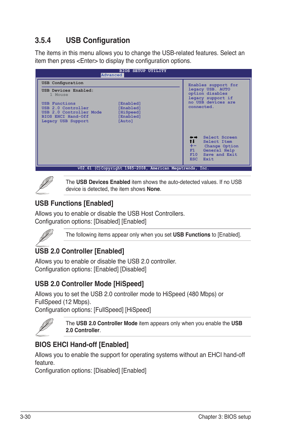 4 usb configuration, Usb configuration -30, Usb functions [enabled | Usb 2.0 controller [enabled, Usb 2.0 controller mode [hispeed, Bios ehci hand-off [enabled | Asus P6T Deluxe V2 User Manual | Page 100 / 182