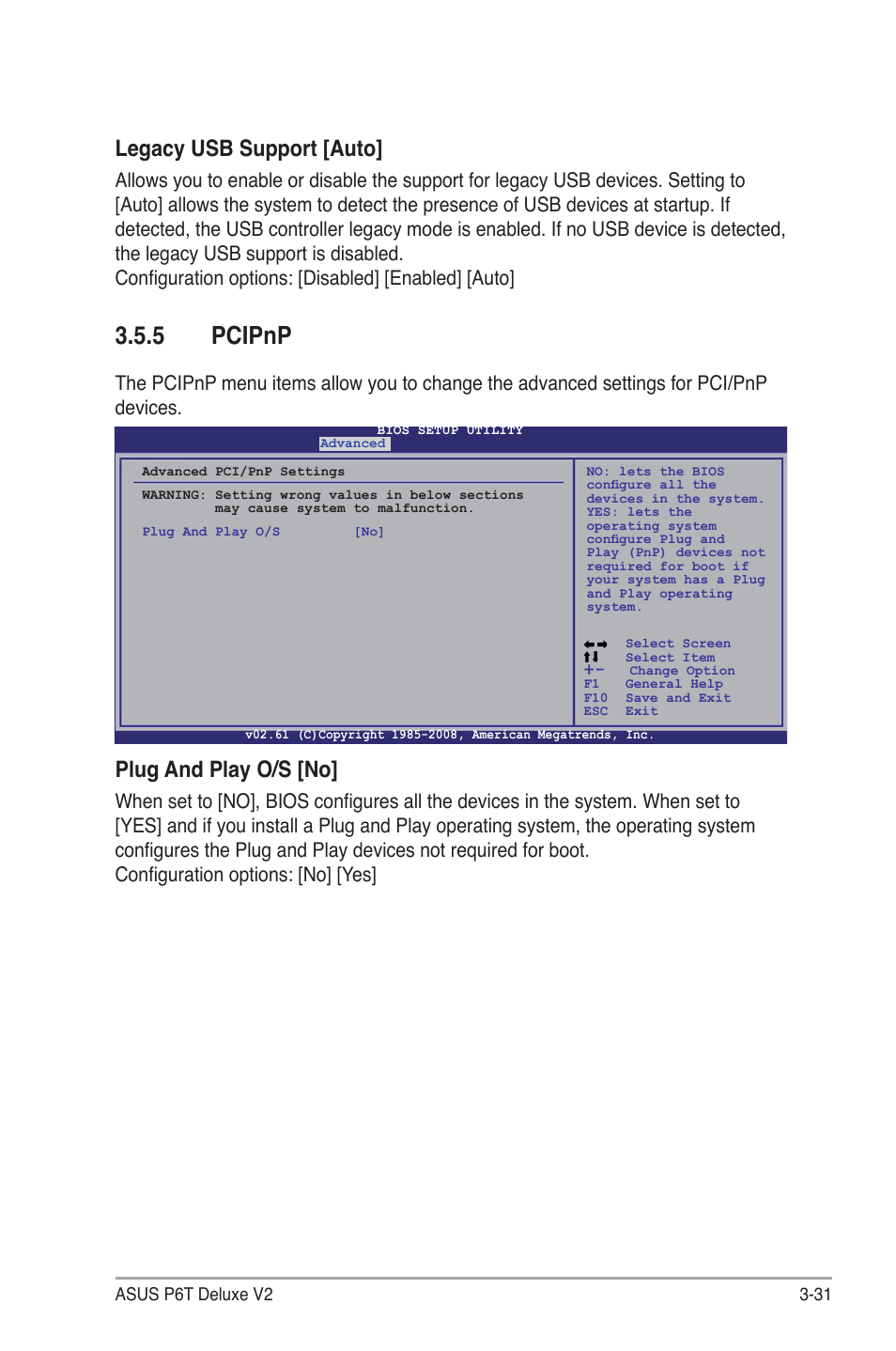 5 pcipnp, Pcipnp -31, Plug and play o/s [no | Legacy usb support [auto | Asus P6T Deluxe V2 User Manual | Page 101 / 182