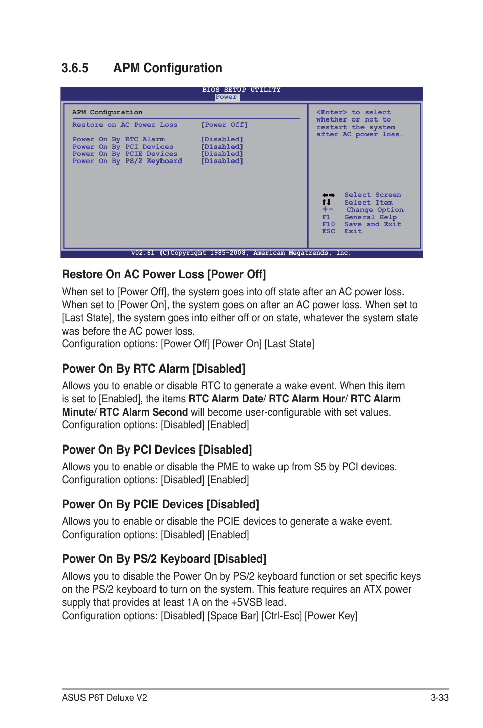 5 apm configuration, Apm configuration -33, Restore on ac power loss [power off | Power on by rtc alarm [disabled, Power on by pci devices [disabled, Power on by pcie devices [disabled, Power on by ps/2 keyboard [disabled | Asus P6T Deluxe V2 User Manual | Page 103 / 182