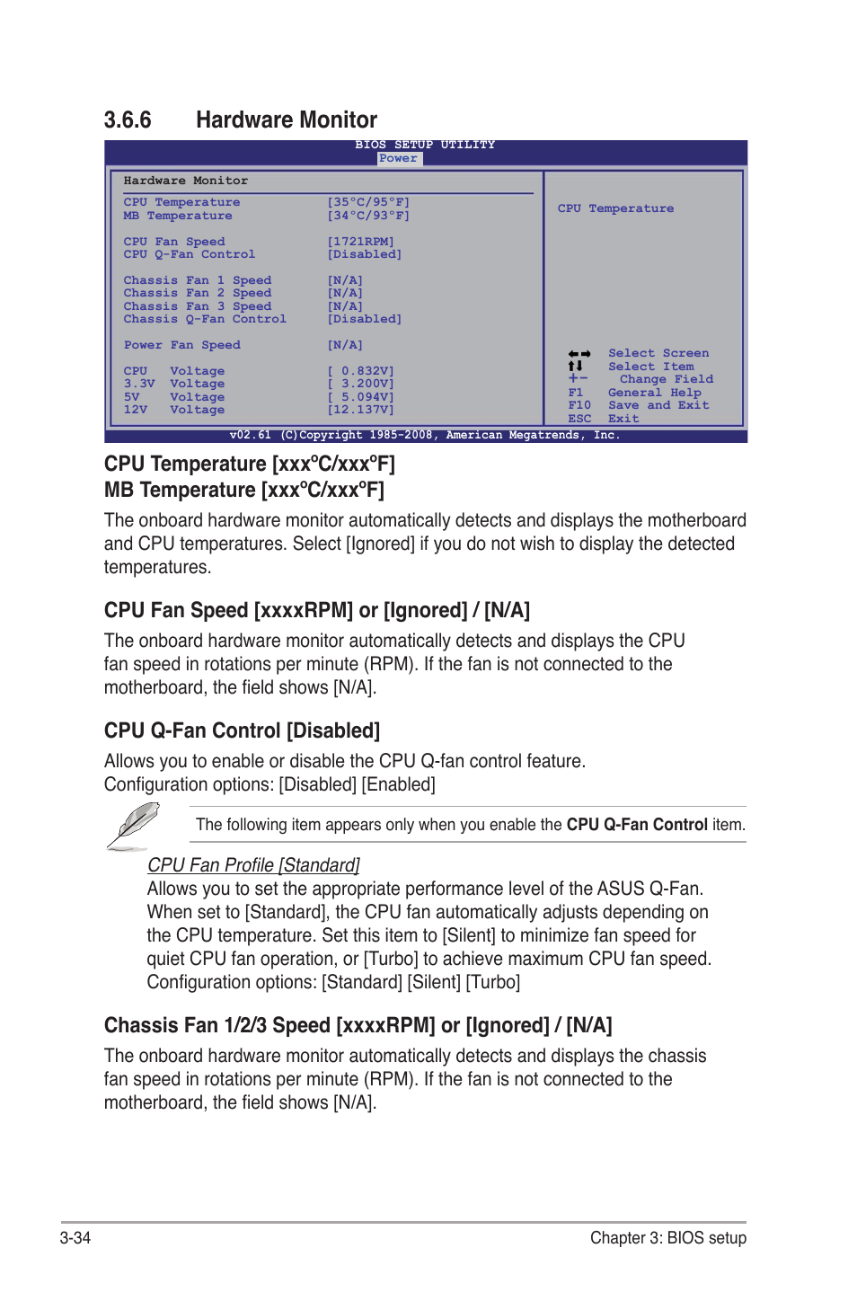 6 hardware monitor, Hardware monitor -34, Cpu q-fan control [disabled | Asus P6T Deluxe V2 User Manual | Page 104 / 182