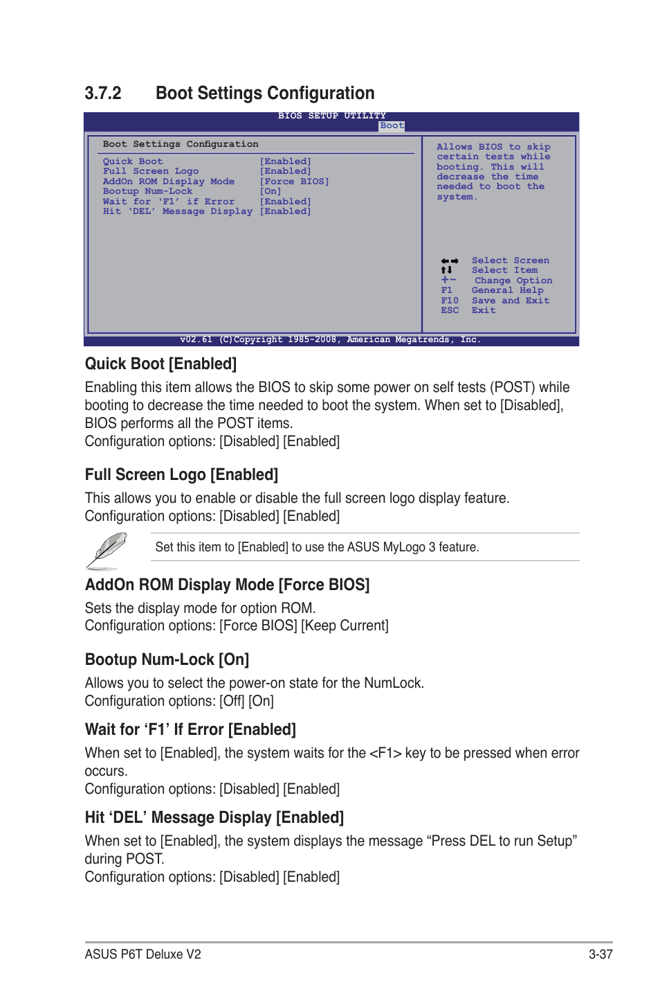 2 boot settings configuration, Boot settings configuration -37, Quick boot [enabled | Full screen logo [enabled, Addon rom display mode [force bios, Bootup num-lock [on, Wait for ‘f1’ if error [enabled, Hit ‘del’ message display [enabled | Asus P6T Deluxe V2 User Manual | Page 107 / 182