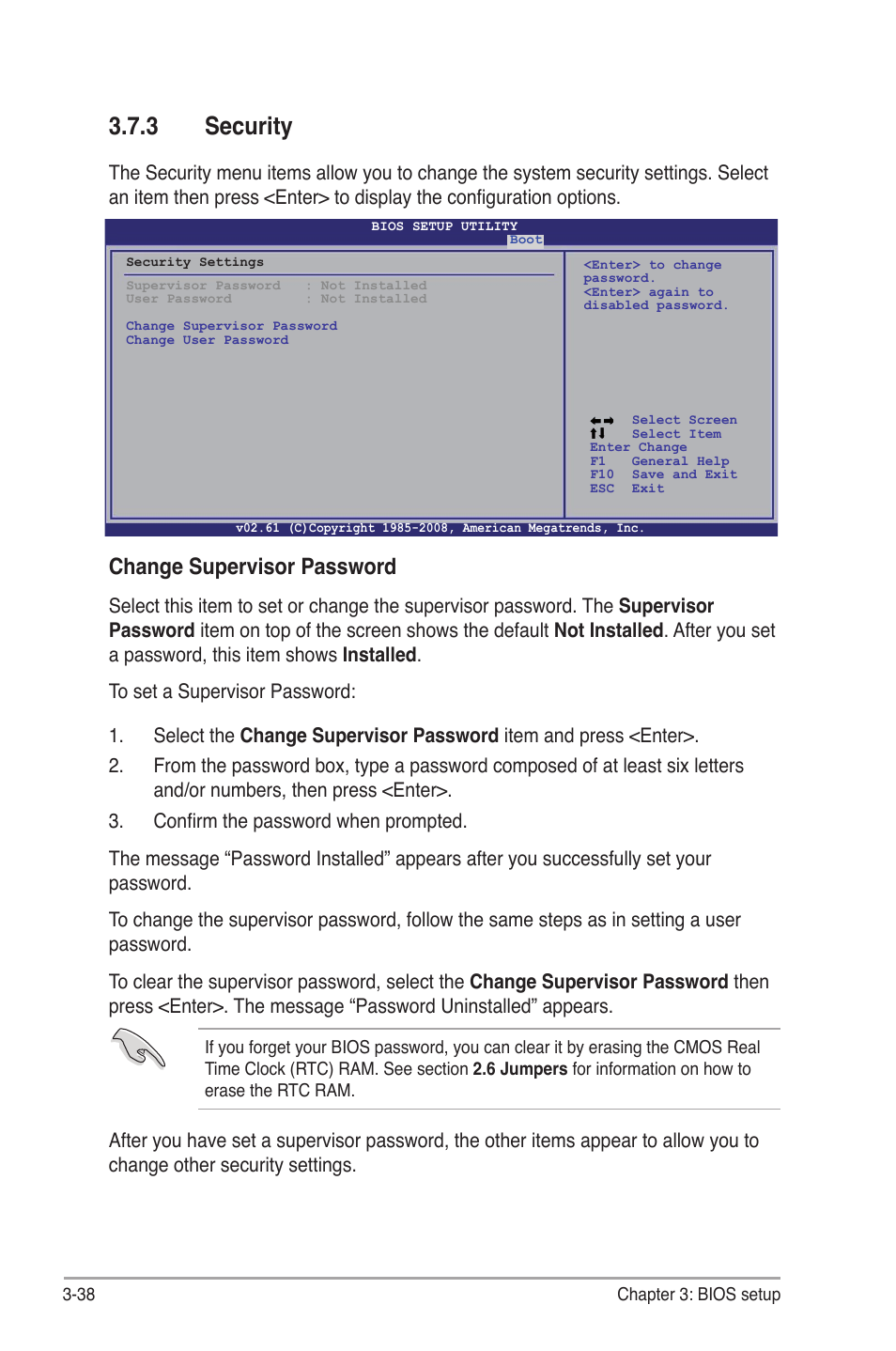 3 security, Security -38, Change supervisor password | Asus P6T Deluxe V2 User Manual | Page 108 / 182