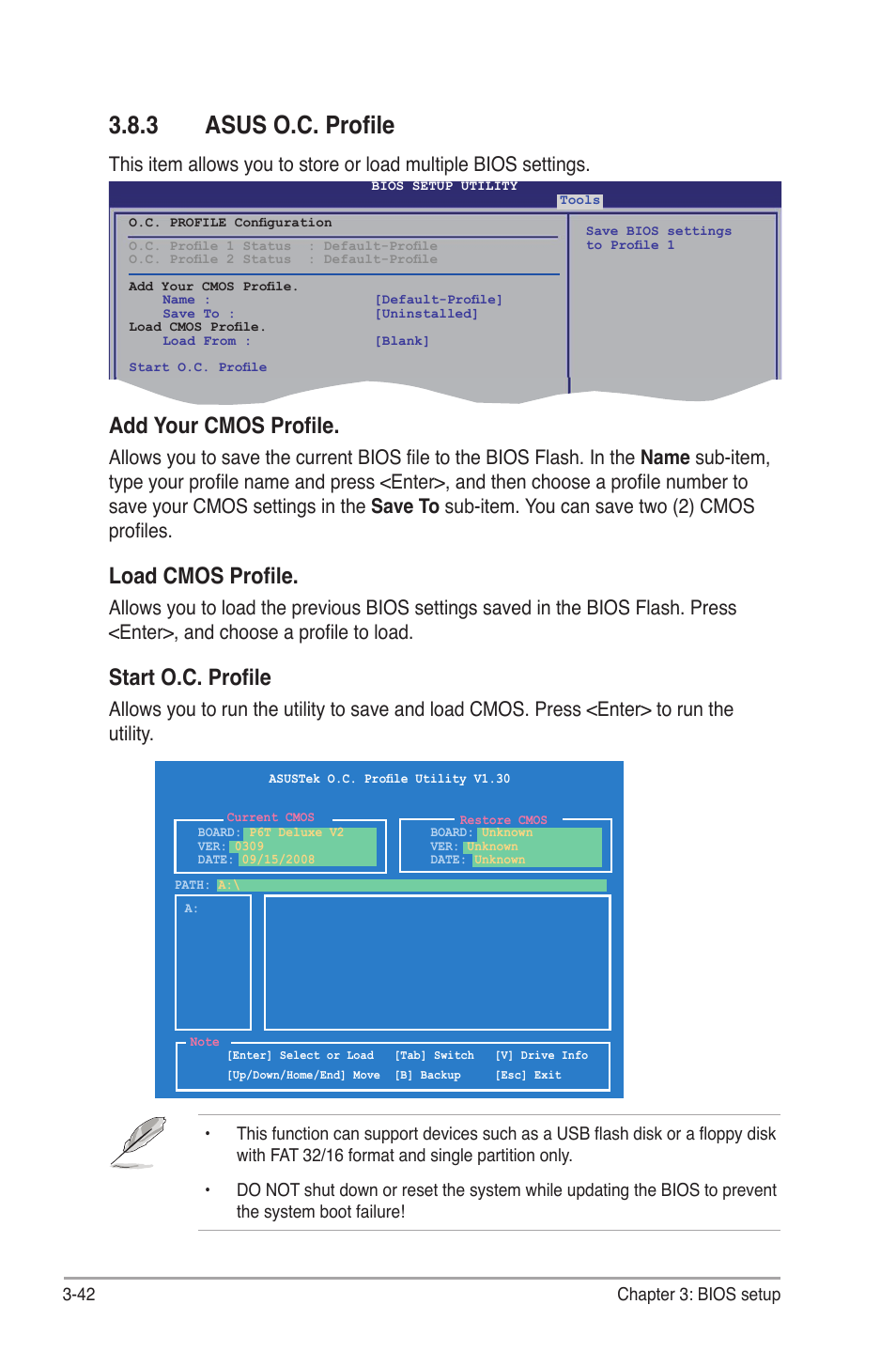 3 asus o.c. profile, Asus o.c. profile -42, Add your cmos profile | Load cmos profile, Start o.c. profile | Asus P6T Deluxe V2 User Manual | Page 112 / 182