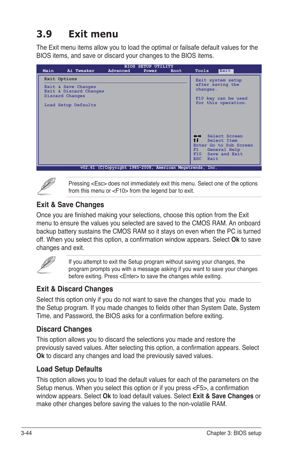 9 exit menu, Exit menu -44, Exit & save changes | Exit & discard changes, Discard changes, Load setup defaults | Asus P6T Deluxe V2 User Manual | Page 114 / 182