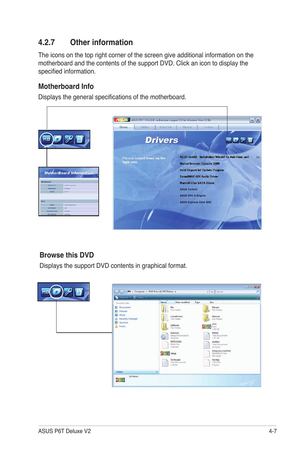 7 other information, Other information -7, Browse this dvd | Motherboard info | Asus P6T Deluxe V2 User Manual | Page 123 / 182