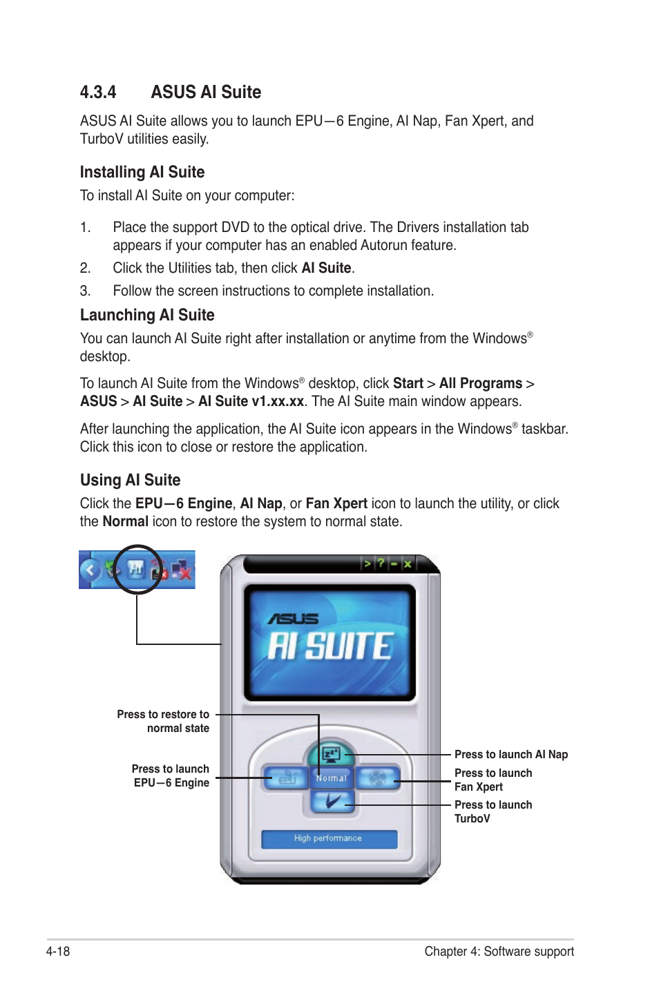 4 asus ai suite, 4 asus ai suite -18, Installing ai suite | Launching ai suite, Using ai suite | Asus P6T Deluxe V2 User Manual | Page 134 / 182