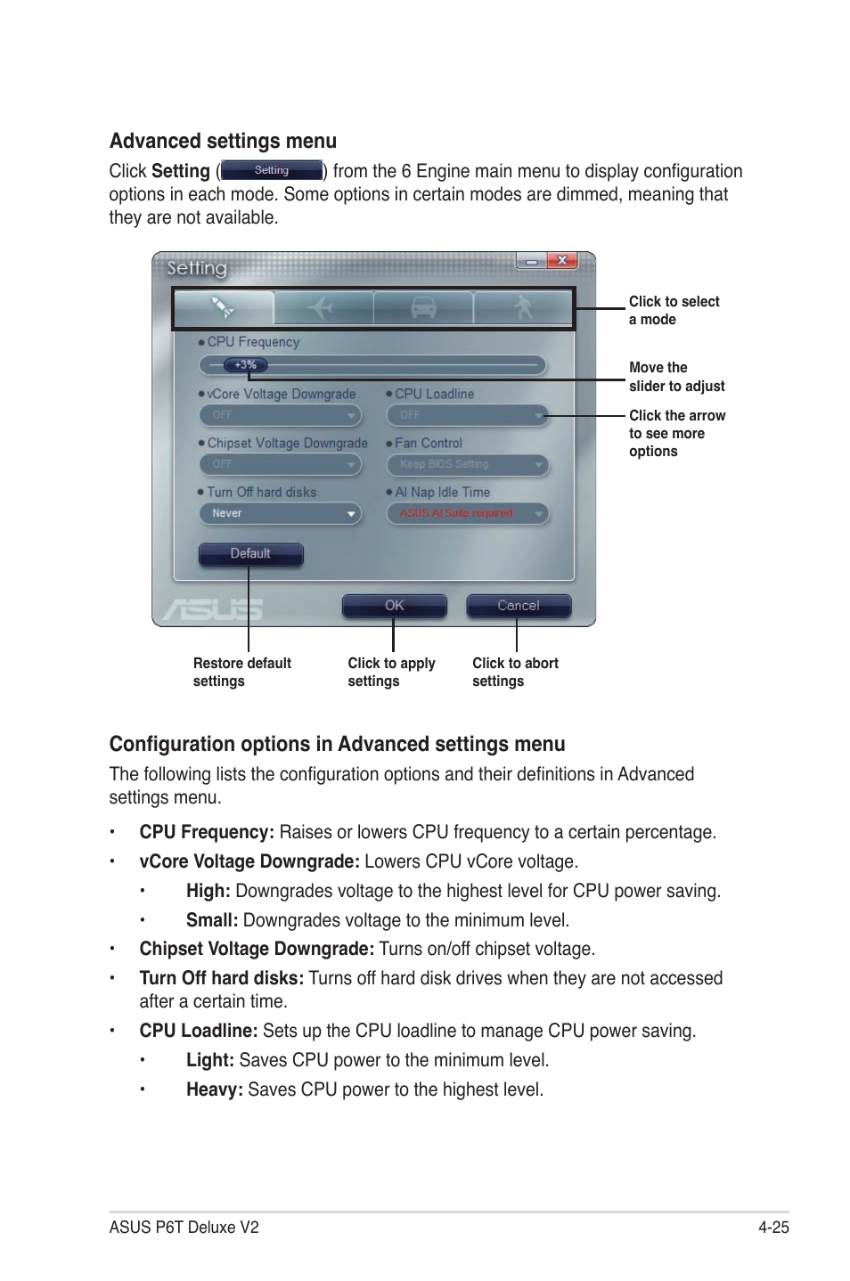 Configuration options in advanced settings menu, Advanced settings menu | Asus P6T Deluxe V2 User Manual | Page 141 / 182