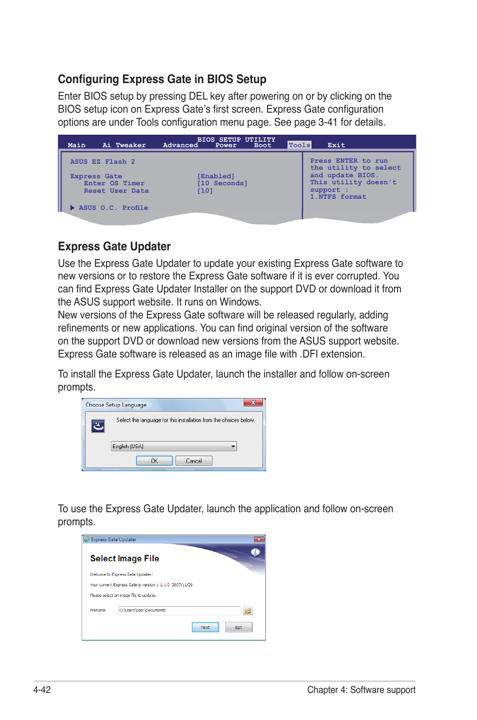 Configuring express gate in bios setup, Express gate updater | Asus P6T Deluxe V2 User Manual | Page 158 / 182