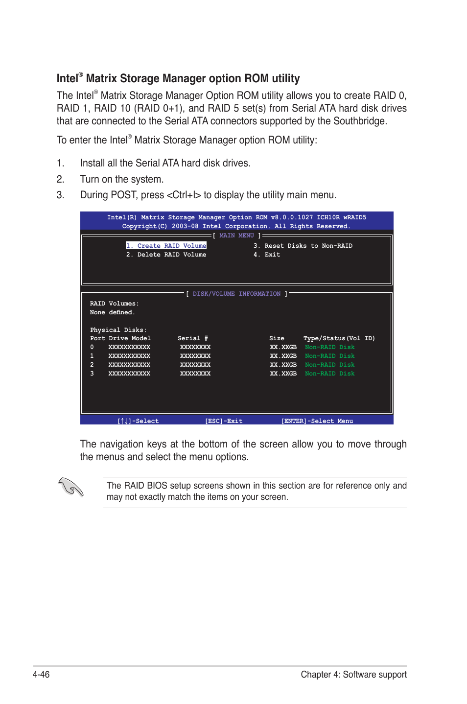 Intel, Matrix storage manager option rom utility, The intel | Asus P6T Deluxe V2 User Manual | Page 162 / 182