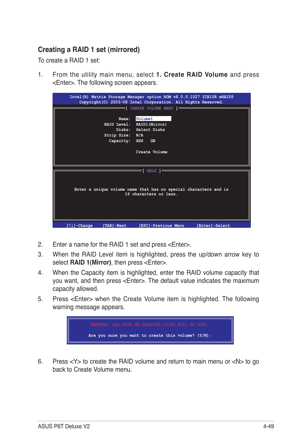 Creating a raid 1 set (mirrored) | Asus P6T Deluxe V2 User Manual | Page 165 / 182