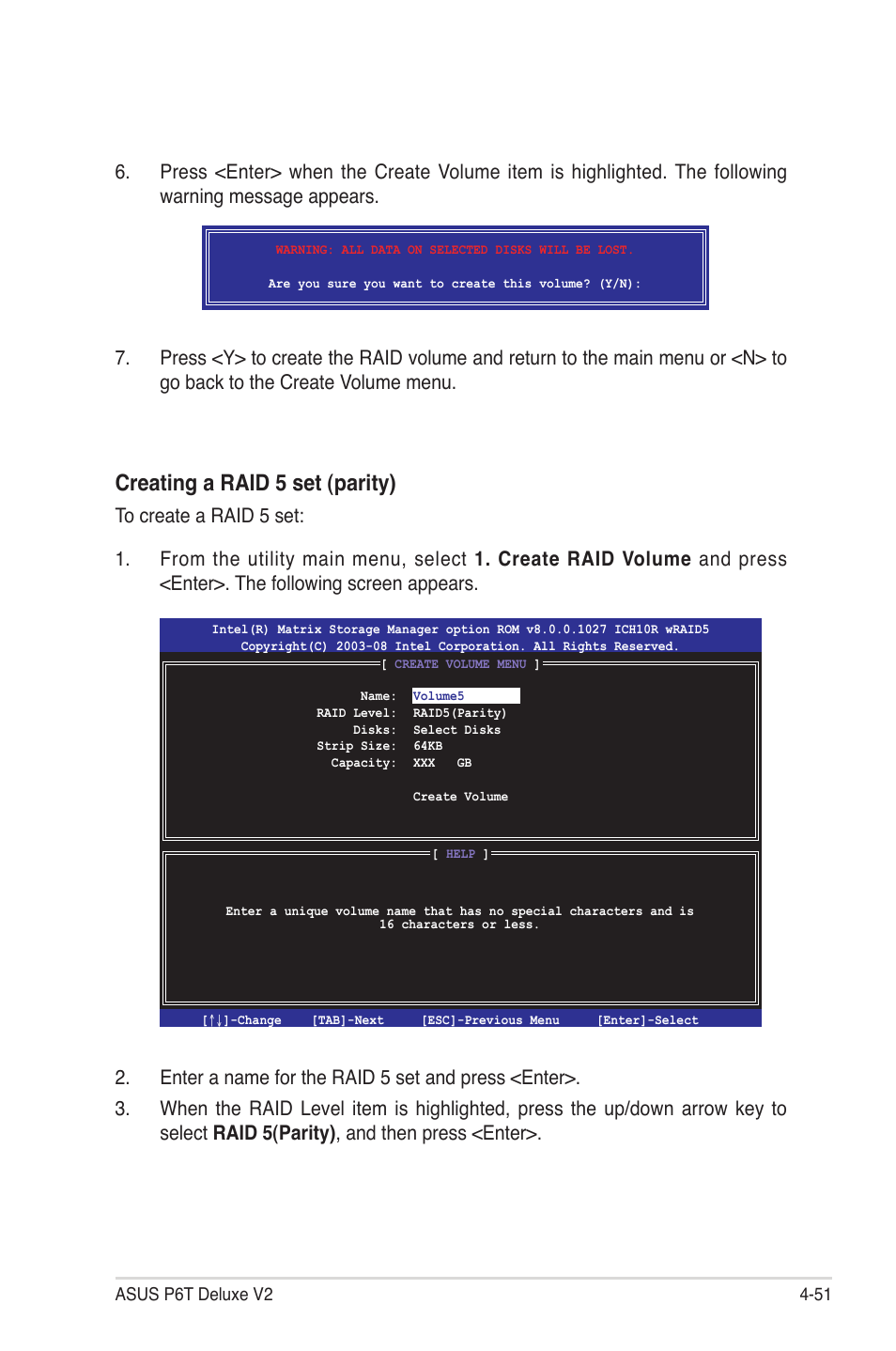 Creating a raid 5 set (parity) | Asus P6T Deluxe V2 User Manual | Page 167 / 182