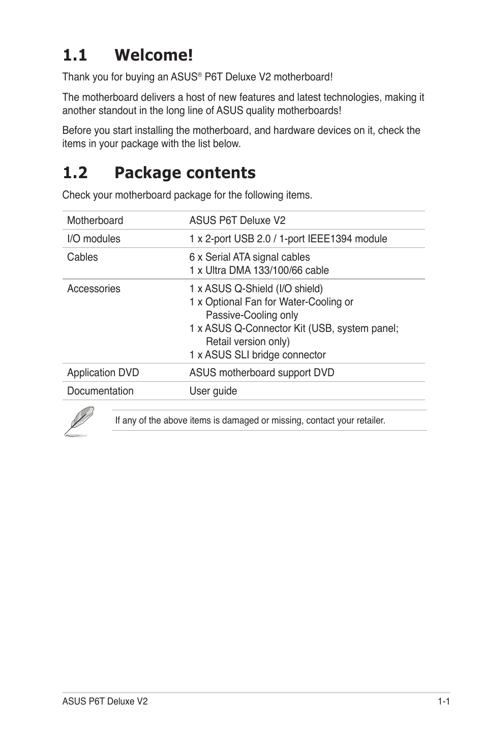 1 welcome, 2 package contents, Welcome! -1 | Package contents -1 | Asus P6T Deluxe V2 User Manual | Page 17 / 182