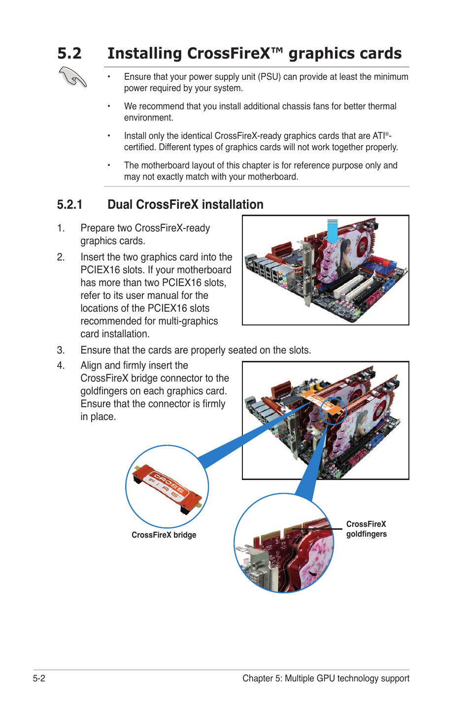 2 installing crossfirex™ graphics cards, 1 dual crossfirex installation, Installing crossfirex™ graphics cards -2 5.2.1 | Dual crossfirex installation -2 | Asus P6T Deluxe V2 User Manual | Page 174 / 182