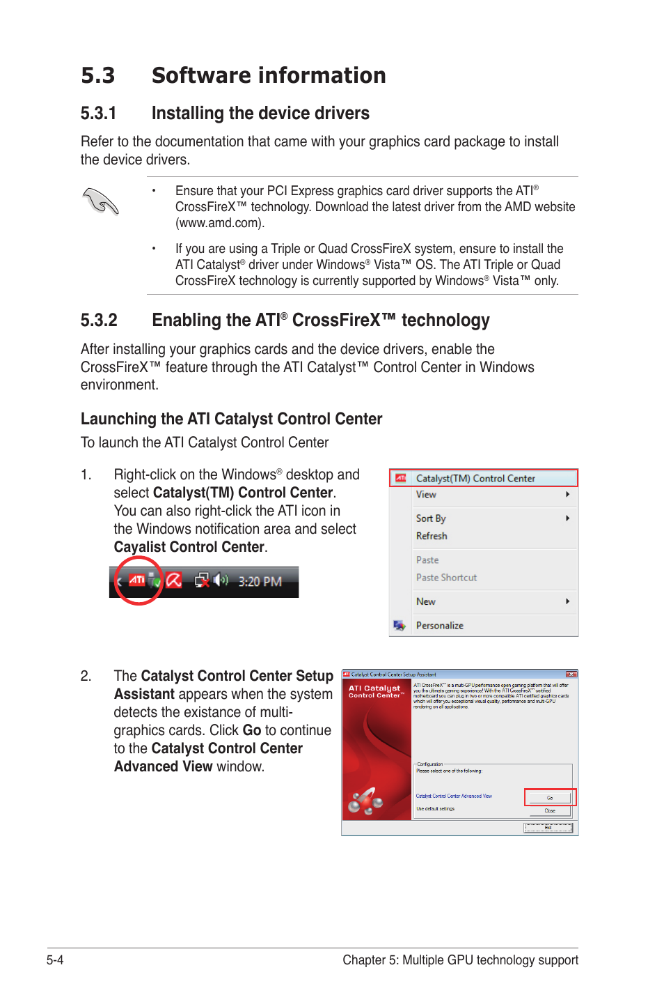 3 software information, 1 installing the device drivers, 2 enabling the ati® crossfirex™ technology | Software information -4 5.3.1, Installing the device drivers -4, Enabling the ati, Crossfirex™ technology -4, 2 enabling the ati, Crossfirex™ technology, Launching the ati catalyst control center | Asus P6T Deluxe V2 User Manual | Page 176 / 182