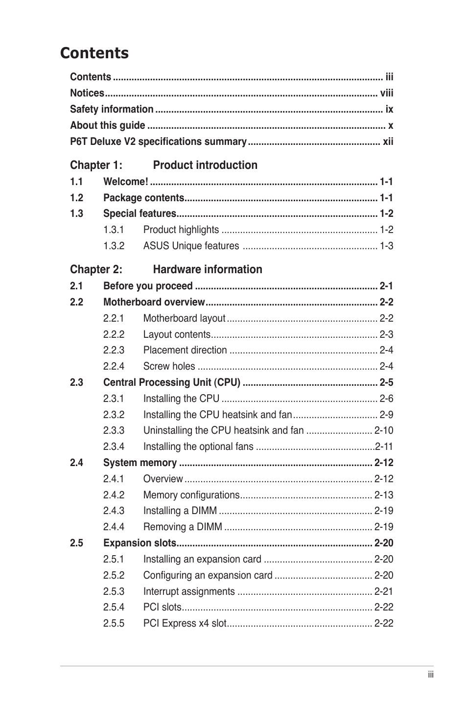 Asus P6T Deluxe V2 User Manual | Page 3 / 182