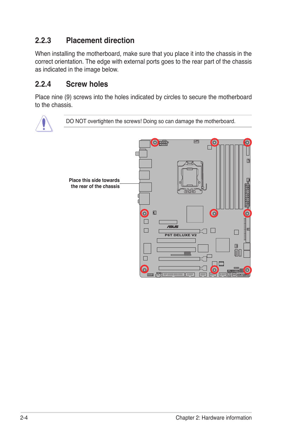 3 placement direction, 4 screw holes, Placement direction -4 | Screw holes -4 | Asus P6T Deluxe V2 User Manual | Page 30 / 182