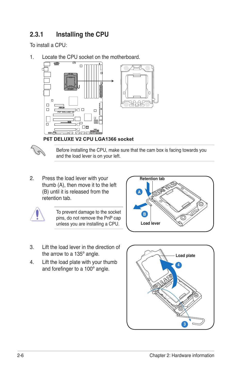 1 installing the cpu, Installing the cpu -6 | Asus P6T Deluxe V2 User Manual | Page 32 / 182