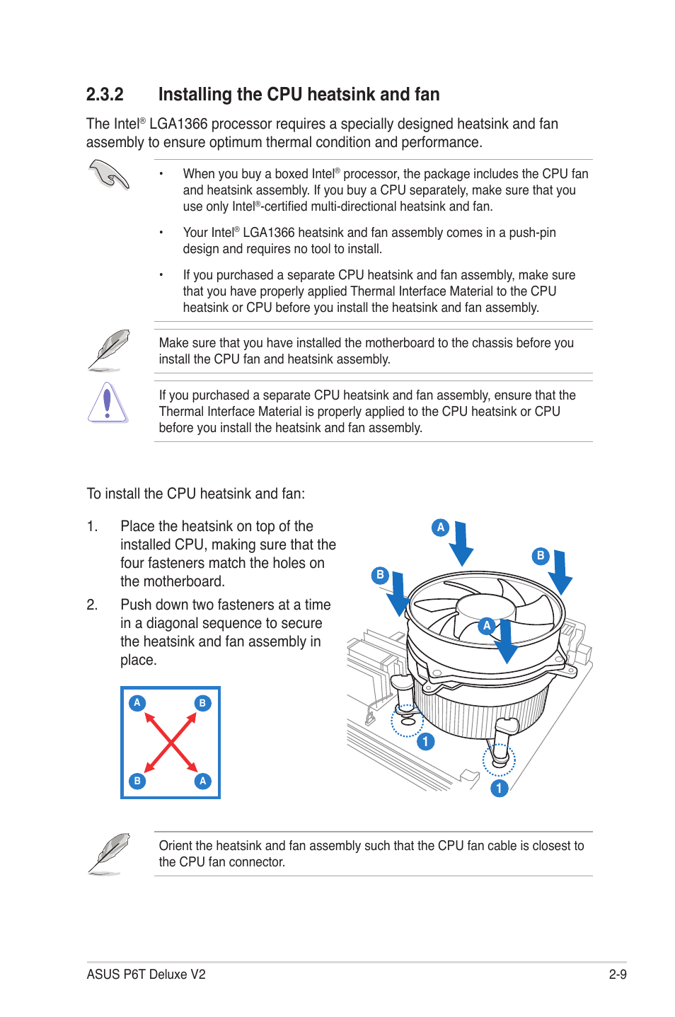 2 installing the cpu heatsink and fan, Installing the cpu heatsink and fan -9 | Asus P6T Deluxe V2 User Manual | Page 35 / 182