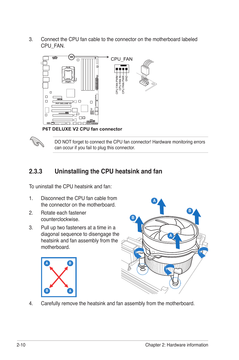 3 uninstalling the cpu heatsink and fan, Uninstalling the cpu heatsink and fan -10 | Asus P6T Deluxe V2 User Manual | Page 36 / 182