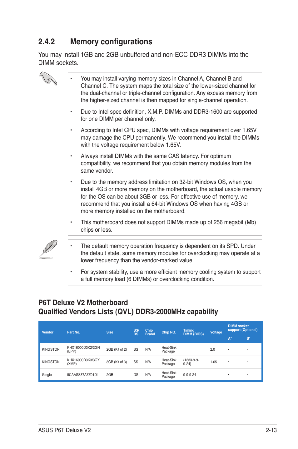 2 memory configurations, Memory configurations -13 | Asus P6T Deluxe V2 User Manual | Page 39 / 182