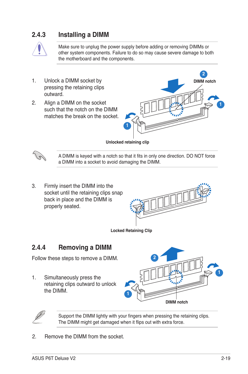 3 installing a dimm, 4 removing a dimm, Installing a dimm -19 | Removing a dimm -19 | Asus P6T Deluxe V2 User Manual | Page 45 / 182