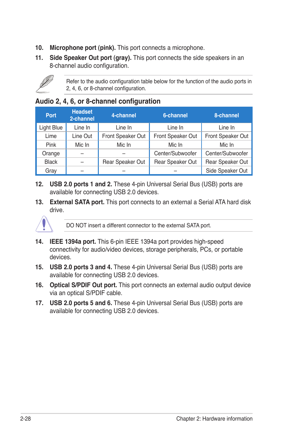 Audio 2, 4, 6, or 8-channel configuration | Asus P6T Deluxe V2 User Manual | Page 54 / 182