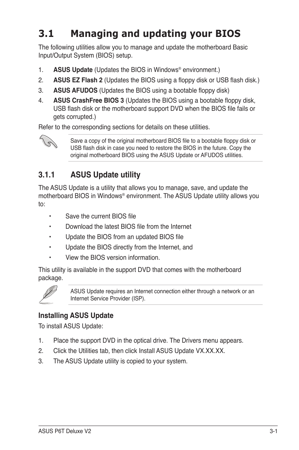 1 managing and updating your bios, 1 asus update utility, Managing and updating your bios -1 3.1.1 | Asus update utility -1 | Asus P6T Deluxe V2 User Manual | Page 71 / 182