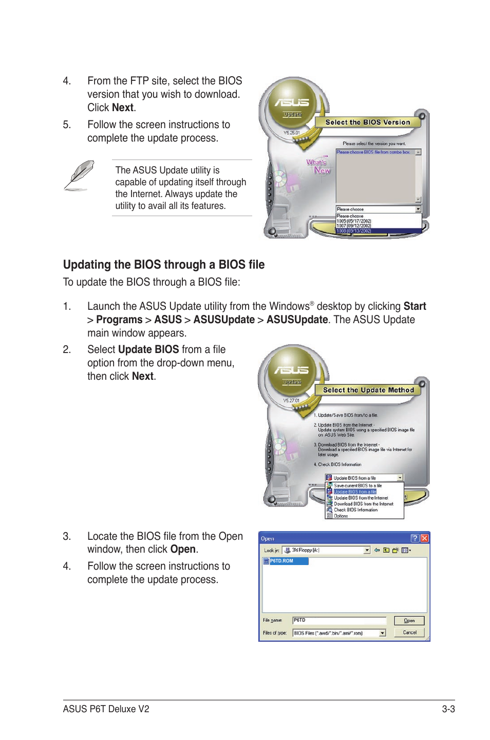 Updating the bios through a bios file | Asus P6T Deluxe V2 User Manual | Page 73 / 182