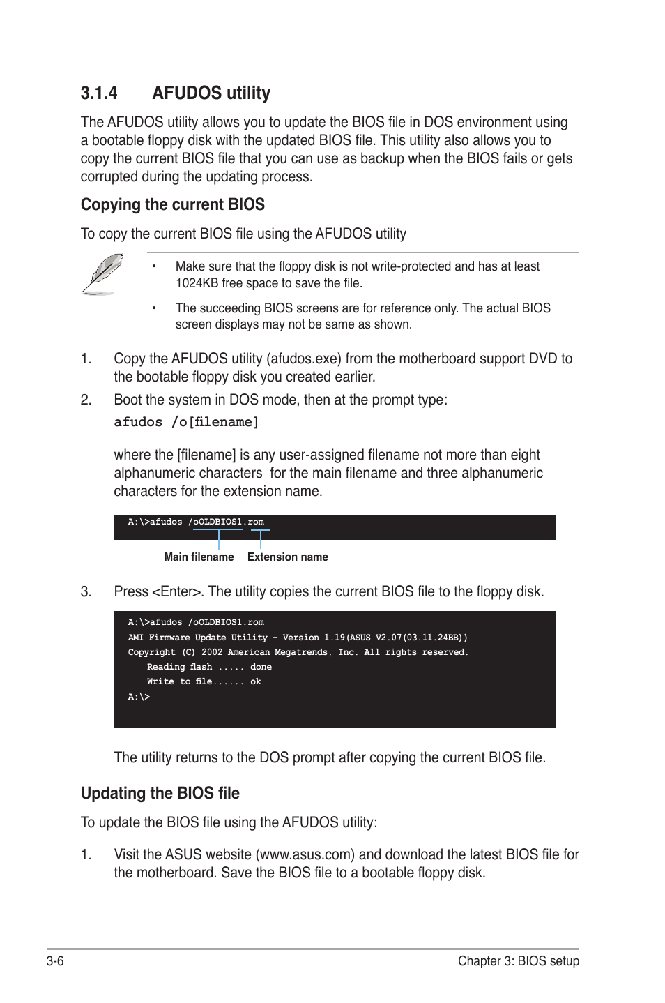4 afudos utility, Afudos utility -6, Copying the current bios | Updating the bios file | Asus P6T Deluxe V2 User Manual | Page 76 / 182