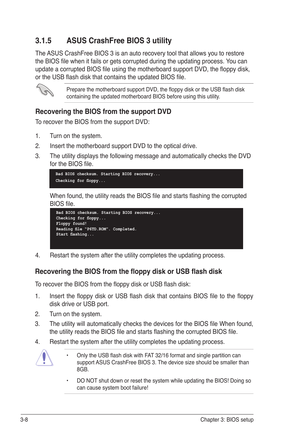 5 asus crashfree bios 3 utility, Asus crashfree bios 3 utility -8, Recovering the bios from the support dvd | Asus P6T Deluxe V2 User Manual | Page 78 / 182