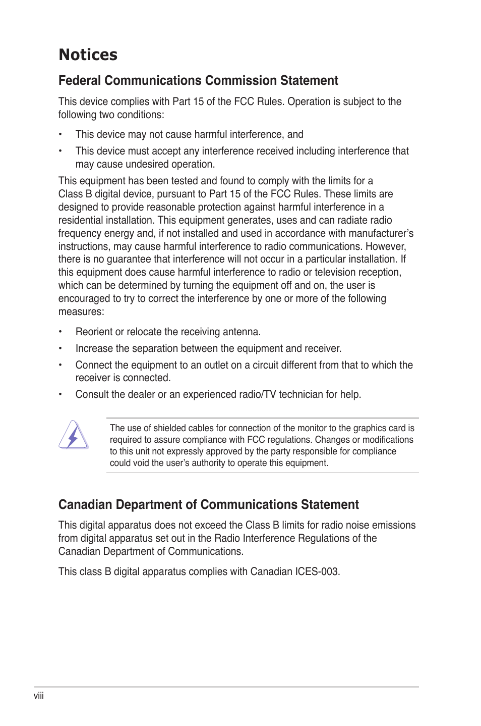 Notices, Federal communications commission statement, Canadian department of communications statement | Asus P6T Deluxe V2 User Manual | Page 8 / 182