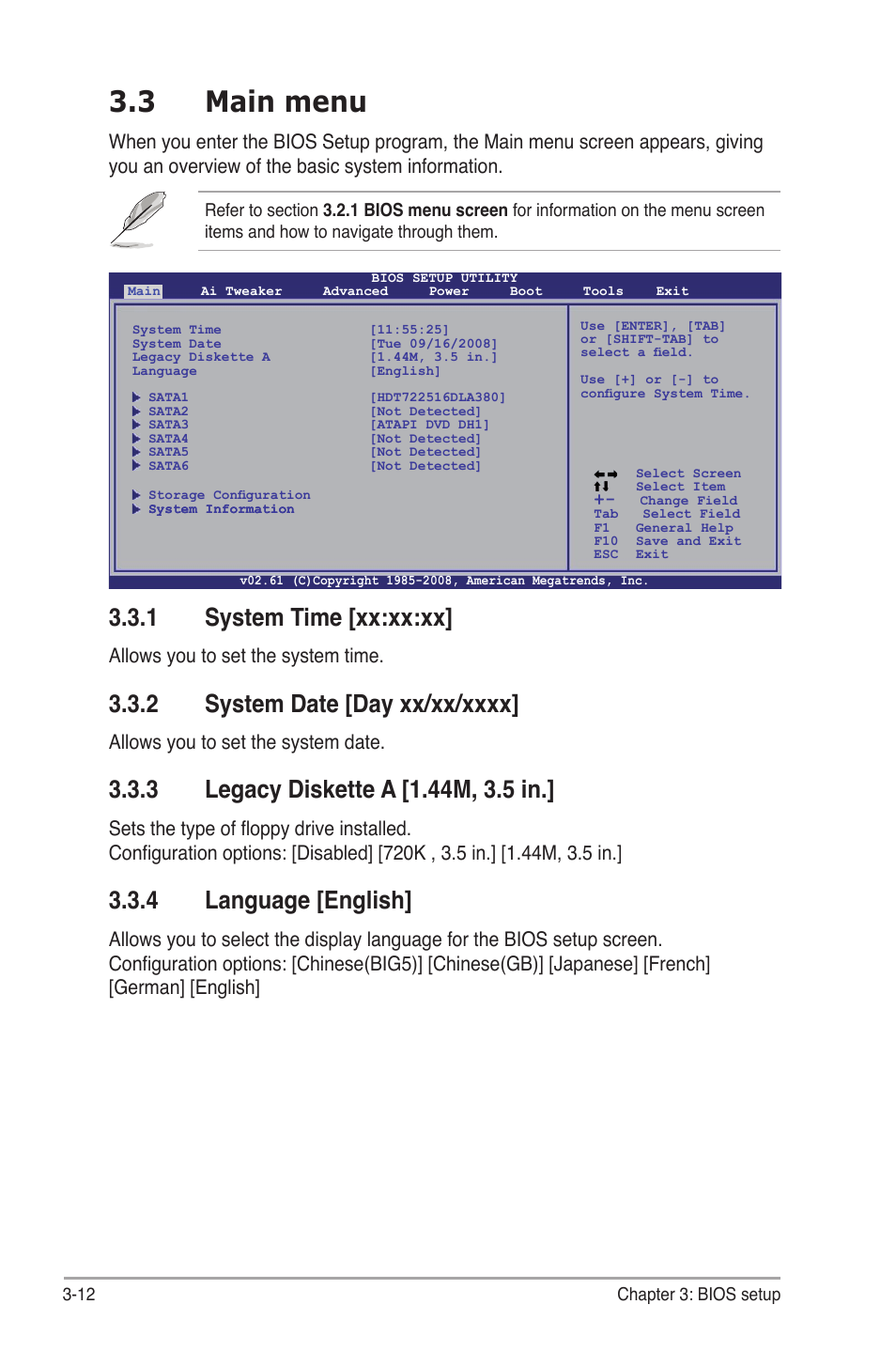 3 main menu, 1 system time [xx:xx:xx, 2 system date [day xx/xx/xxxx | 3 legacy diskette a [1.44m, 3.5 in, 4 language [english, Main menu -12 3.3.1, System time -12, System date -12, Legacy diskette a -12, Language -12 | Asus P6T Deluxe V2 User Manual | Page 82 / 182