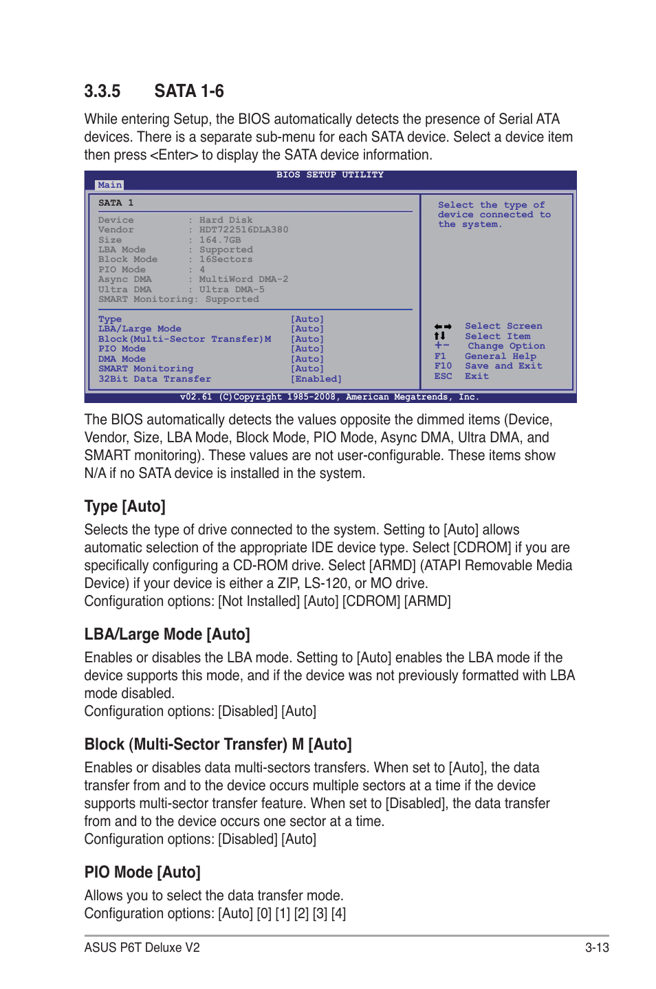 5 sata 1-6, Sata 1-6 -13, Type [auto | Lba/large mode [auto, Block (multi-sector transfer) m [auto, Pio mode [auto | Asus P6T Deluxe V2 User Manual | Page 83 / 182