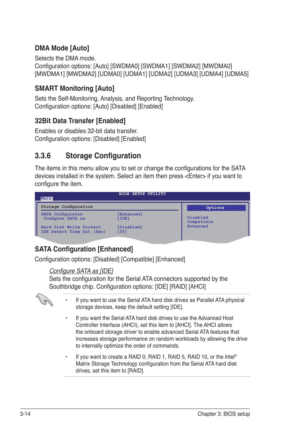 6 storage configuration, Storage configuration -14, Dma mode [auto | Smart monitoring [auto, 32bit data transfer [enabled, Sata configuration [enhanced | Asus P6T Deluxe V2 User Manual | Page 84 / 182