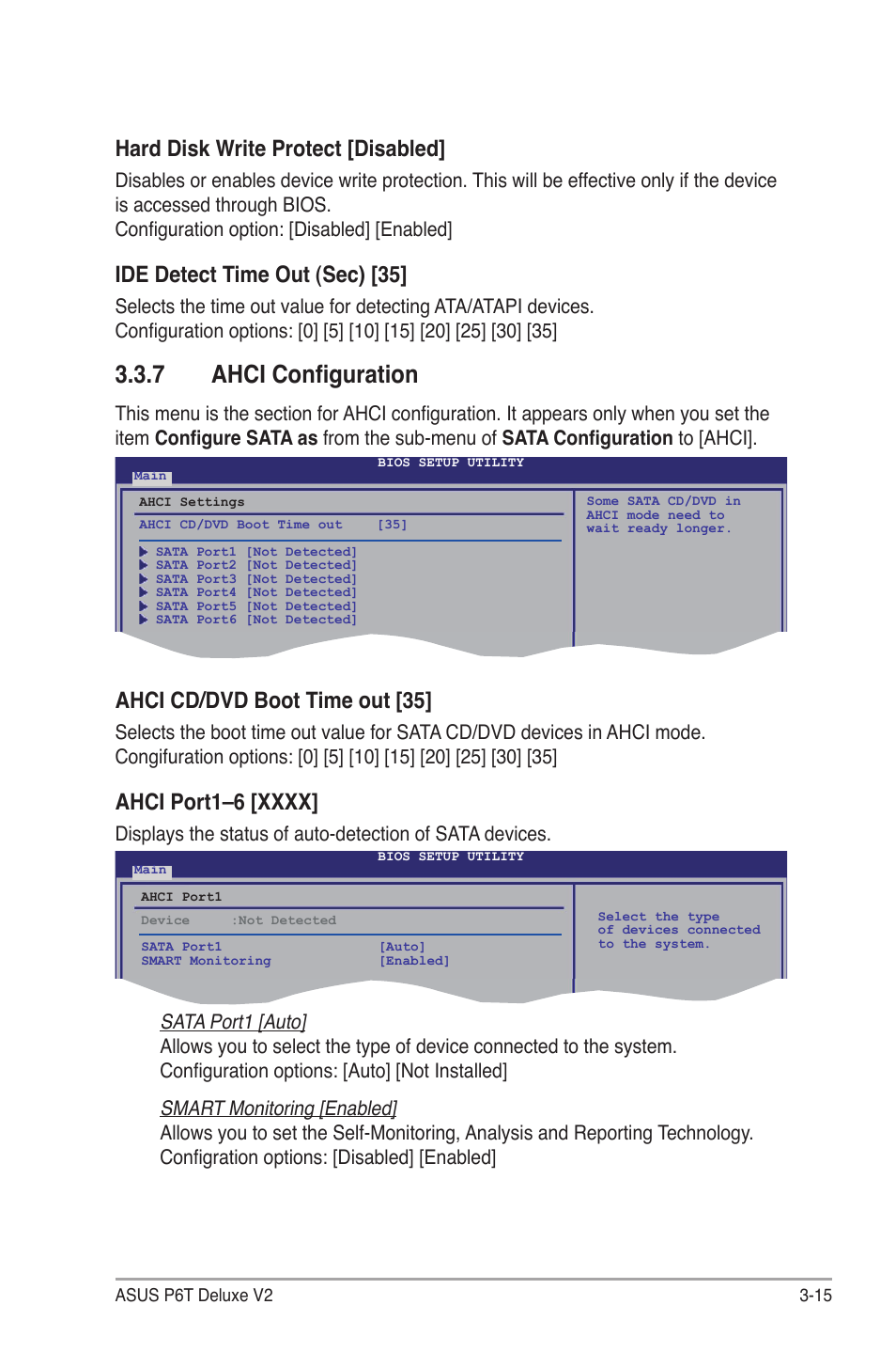 7 ahci configuration, Ahci configuration -15, Hard disk write protect [disabled | Ide detect time out (sec) [35, Ahci cd/dvd boot time out [35 | Asus P6T Deluxe V2 User Manual | Page 85 / 182