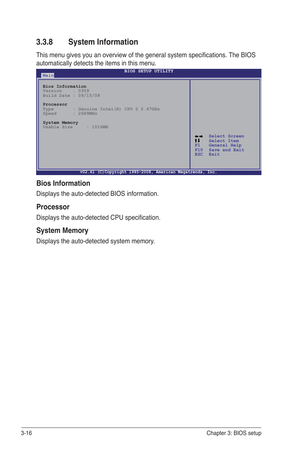 8 system information, System information -16, Bios information | Processor, Displays the auto-detected bios information, Displays the auto-detected cpu specification | Asus P6T Deluxe V2 User Manual | Page 86 / 182