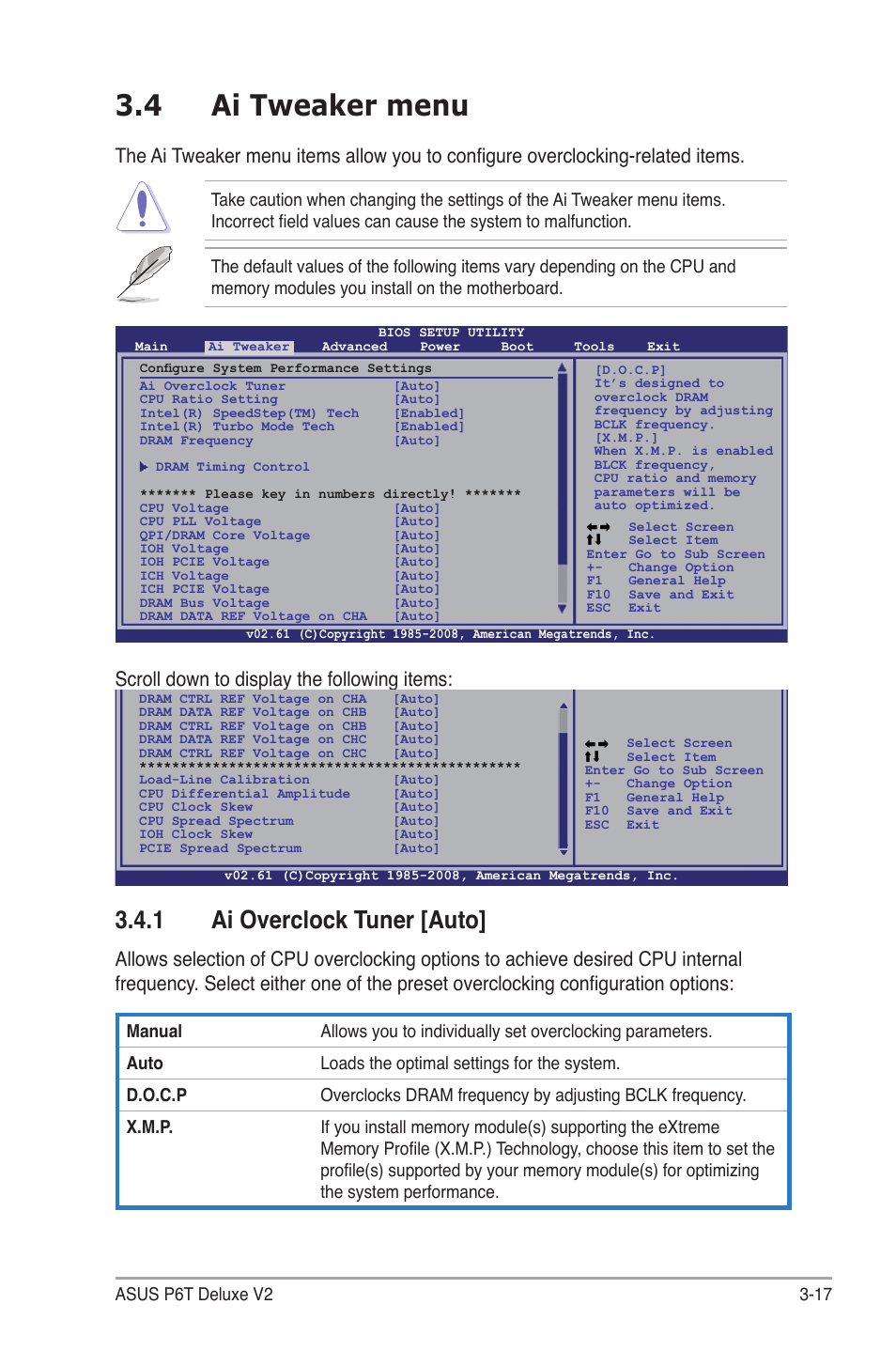 4 ai tweaker menu, 1 ai overclock tuner [auto, Ai tweaker menu -17 3.4.1 | Ai overclock tuner -17, Scroll down to display the following items | Asus P6T Deluxe V2 User Manual | Page 87 / 182