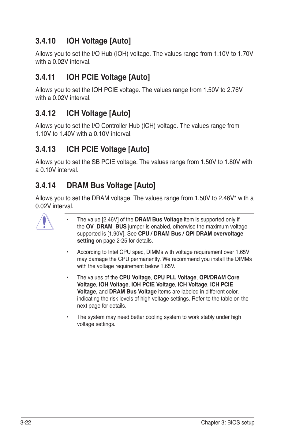 10 ioh voltage [auto, 11 ioh pcie voltage [auto, 12 ich voltage [auto | 13 ich pcie voltage [auto, 14 dram bus voltage [auto | Asus P6T Deluxe V2 User Manual | Page 92 / 182