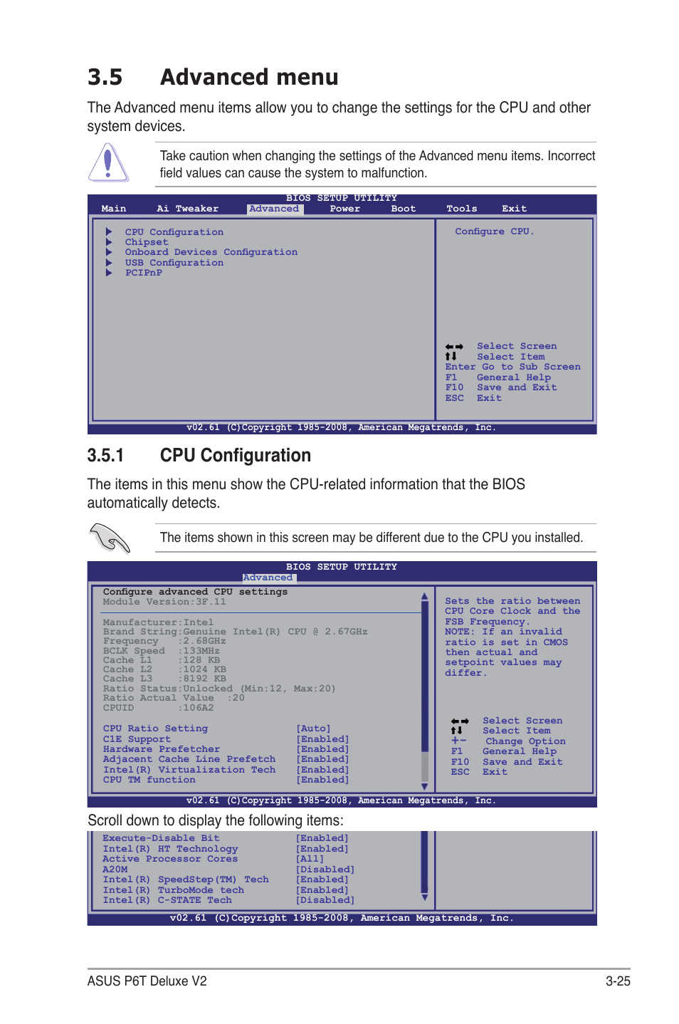 5 advanced menu, 1 cpu configuration, Advanced menu -25 3.5.1 | Cpu configuration -25, Scroll down to display the following items | Asus P6T Deluxe V2 User Manual | Page 95 / 182