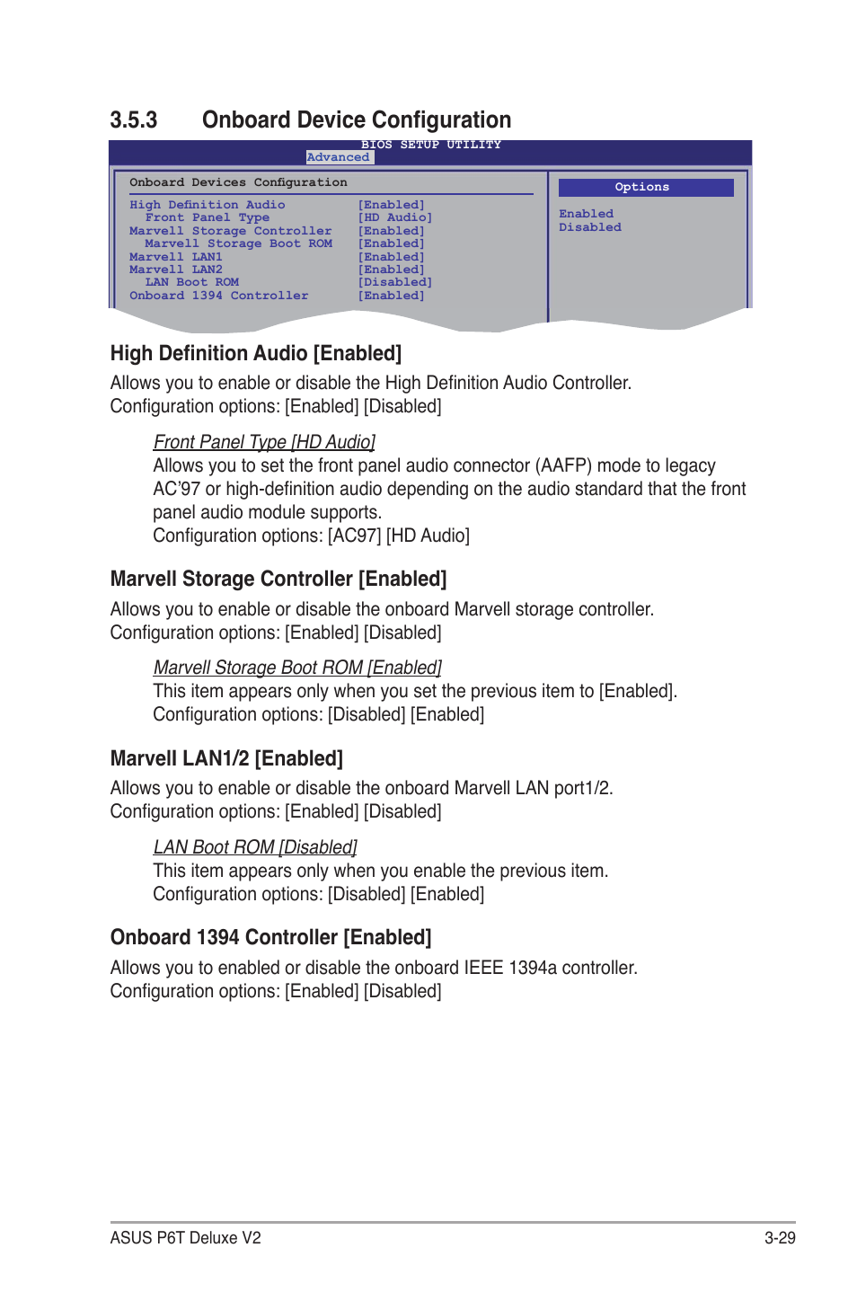 3 onboard device configuration, Onboard device configuration -29, High definition audio [enabled | Marvell storage controller [enabled, Marveli lan1/2 [enabled, Onboard 1394 controller [enabled | Asus P6T Deluxe V2 User Manual | Page 99 / 182