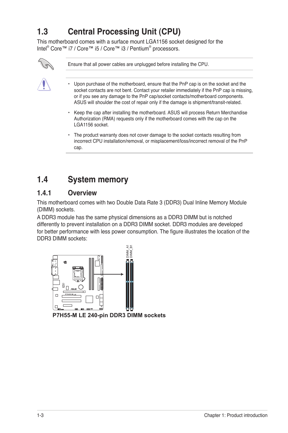 3 central processing unit (cpu), 4 system memory, 1 overview | Central processing unit (cpu) -3, System memory -3 1.4.1, Overview -3 | Asus P7H55-M PLUS User Manual | Page 12 / 49